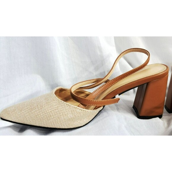 Women’s Point Toe Slingback Chunky Heels – Brown & Beige Linen  41 US 10 - Picture 5 of 10